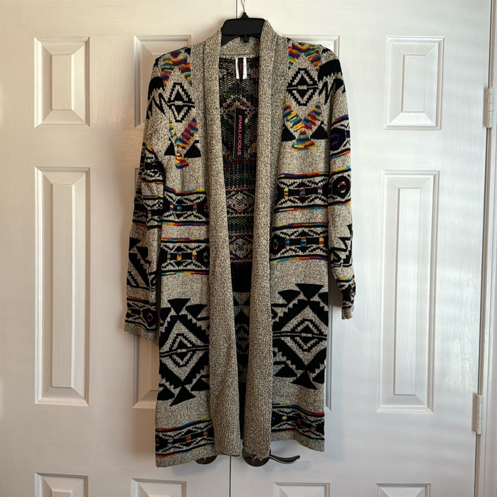 NWT Pinklicious Aztec design colorful sweater cardigan coatigan. Sz Small.